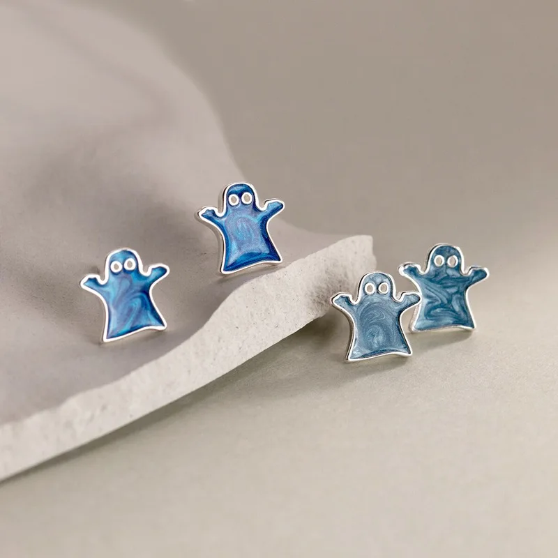 VENTFILLE 925 Sterling Silver Blue Ghost Cartoon Earrings Punk Cute Wacky Halloween Gifts Stud Earring Jewelry Dropshipping