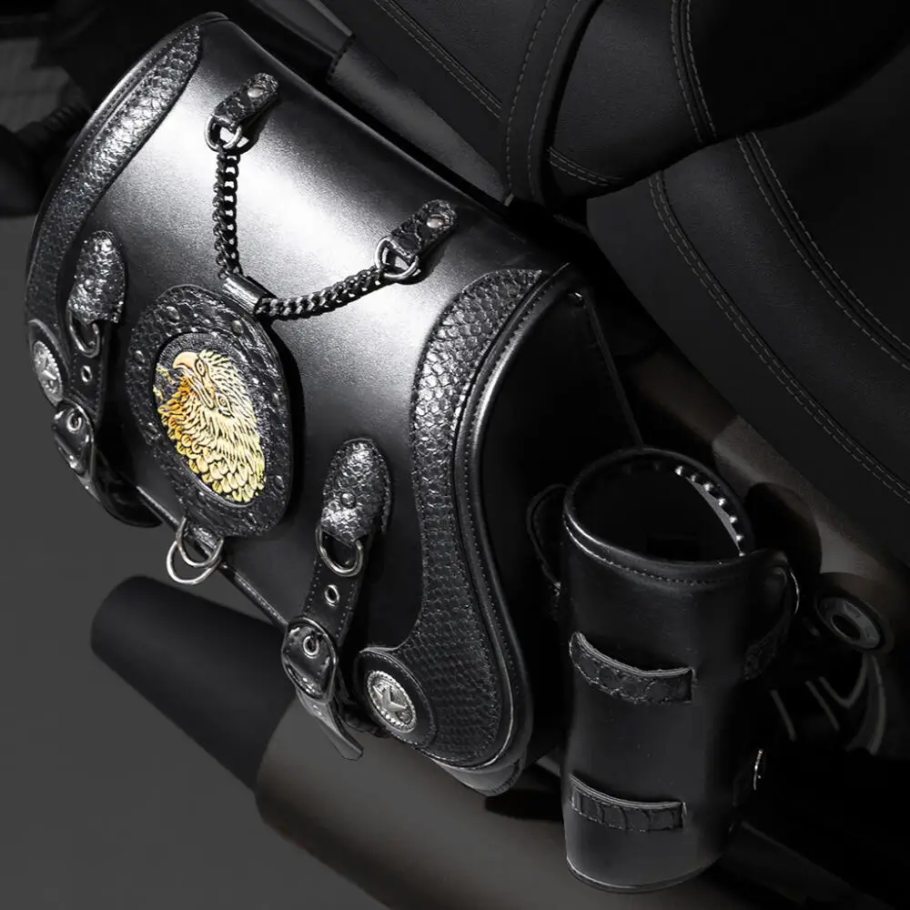 Industrial Retro Style Heavy-Duty Motorcycle Side Bag Embossing Eagle Partern Pu Leather Knight Hanging Bag Medieval Steampunk