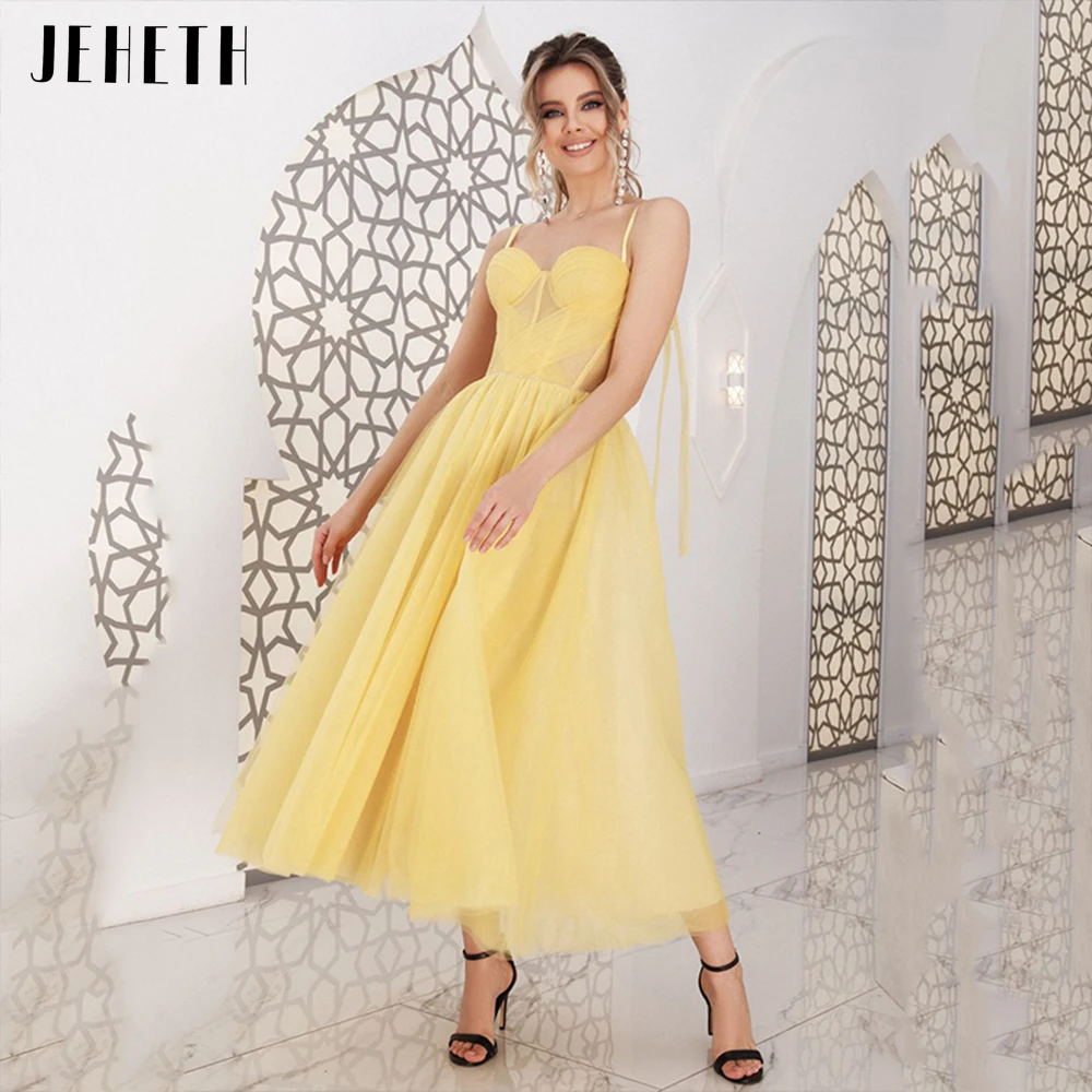 

JEHETH Yellow Elegant Spaghetti Straps Tulle Prom Dress with Bow Simple Open Back Pleats Sweetheart A Line Evening Party Gown