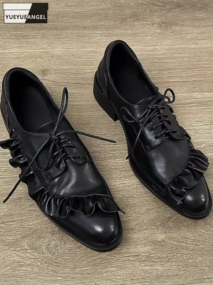 Fashion Women Ruffles Designer Lace Up Shoes Cowhide Genuine Leather Pumps Comfortable Low Cut Low Heels Shoes Party Footwear