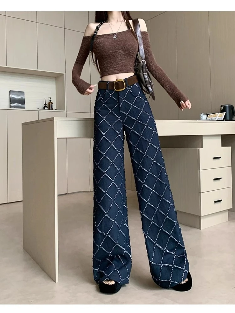 Damskie jeansy żakardowe w stylu vintage na jesień/zimę 2025, modne spodnie z wysokim stanem i szerokimi nogawkami, codzienne, uniwersalne, proste spodnie.