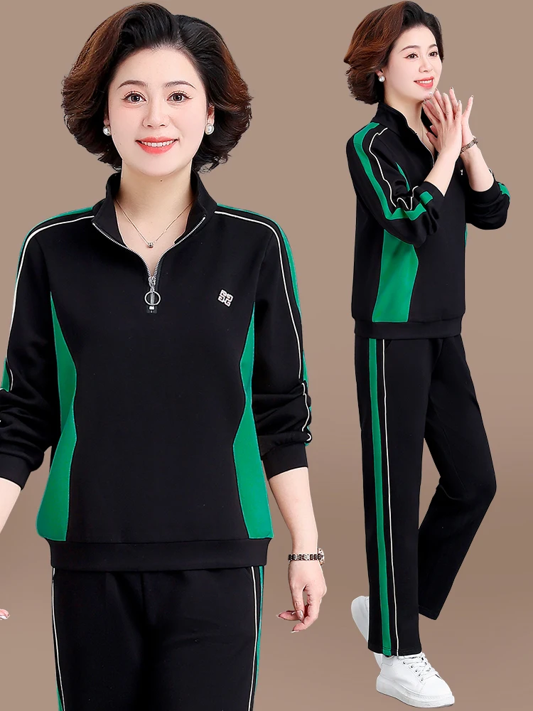 

Casual Sportswear Set for Women over 50 Mid-Aged Large Size Sweatirt Two-Piece Set Spring Autumn Outerwear Floral Pattern