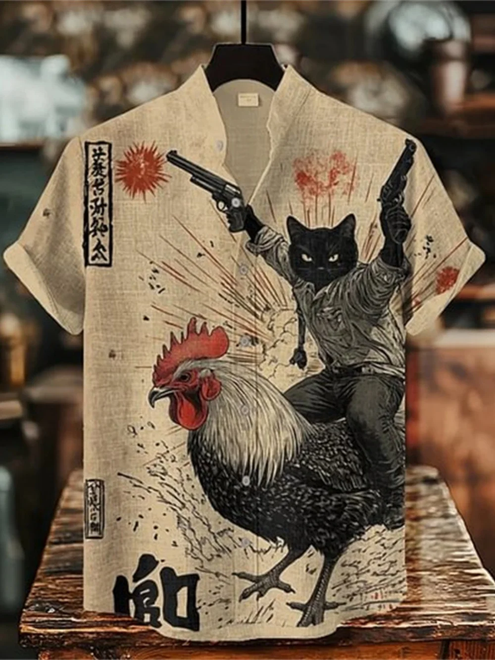 

Men's Summer Fashionable 3D Printed Hawaiian Shirt Dinosaur Rooster Cat Print Short Sleeve Casual Retro Style for Men