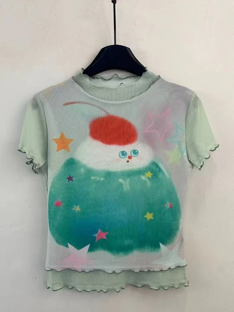 Summer Japanese Fashion Green Graffiti Print Design T-Shirt Women Sweet Spicy Girl Slim Fit Mesh Layered Fake Two Piece Tops New
