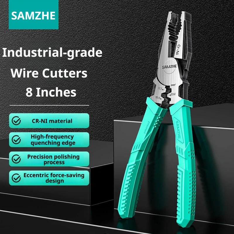 SAMZHE 8 inch draadkniptang, chroom-nikkel staal, multifunctionele elektriciënstang, speciale draadtang voor industrieel gebruik.
