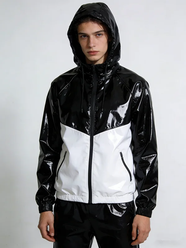 

Metallic Latex Jacket – Men's Hooded Two-Tone Windbreaker for Cosplay, Clubwear & Photoshoots