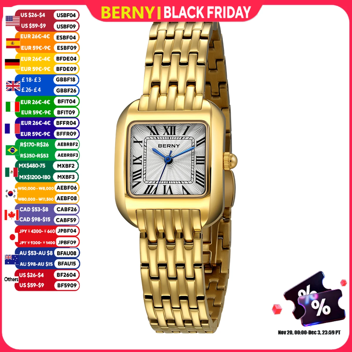 Berny Gold Tone Luxury Tank Watch Works New Battery BERNY 2946L Ladies Mini Gold Watch | Jewelry Addicts main image 3