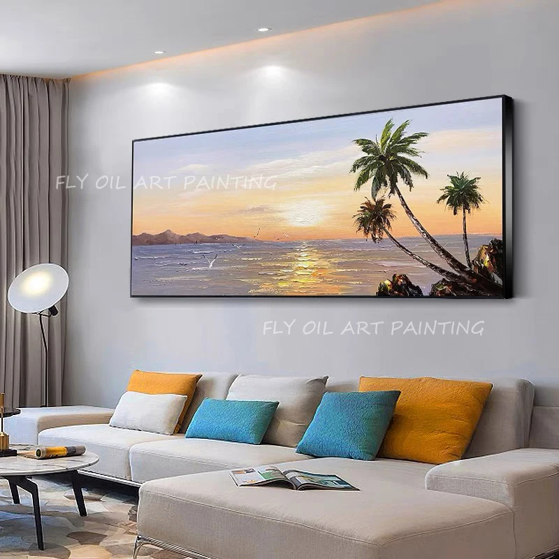 Sunrrise tropical tree seaside 100% Handmade Textrued Oil Painting Home for Living Room Abstract Wall Art decoration gift