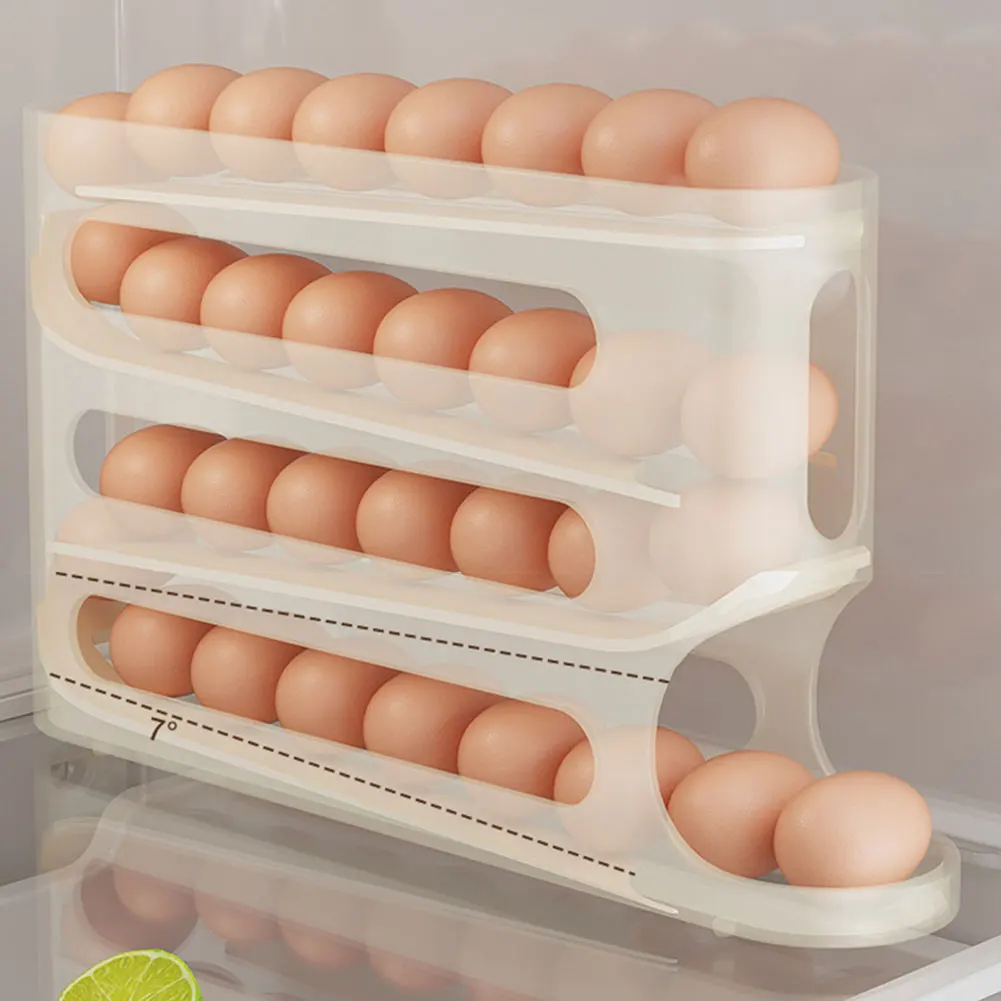 4 Layers Refrigerator Egg Dispenser Large Capacity Stackable Egg Organizer Automatic Scrolling Egg Rack for Refrigerator Storage