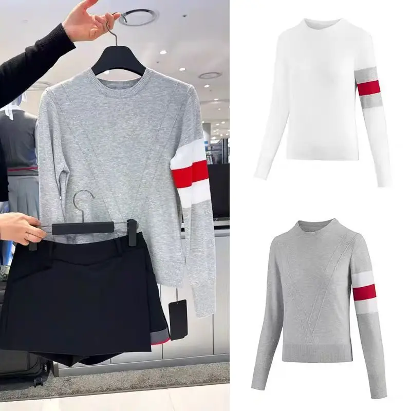 

New Golf Women's Clothing: Round Neck Color-Blocked Minimalist Knit Long-Sleeve Sports Casual Versatile Top