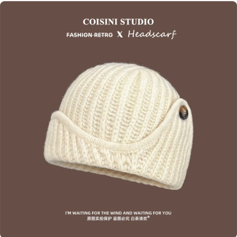 Korean Simple Solid Color Flying Knitted Hat for Men and Women Autumn and Winter Outdoor Warm Ear Protection Skull Beanie Caps