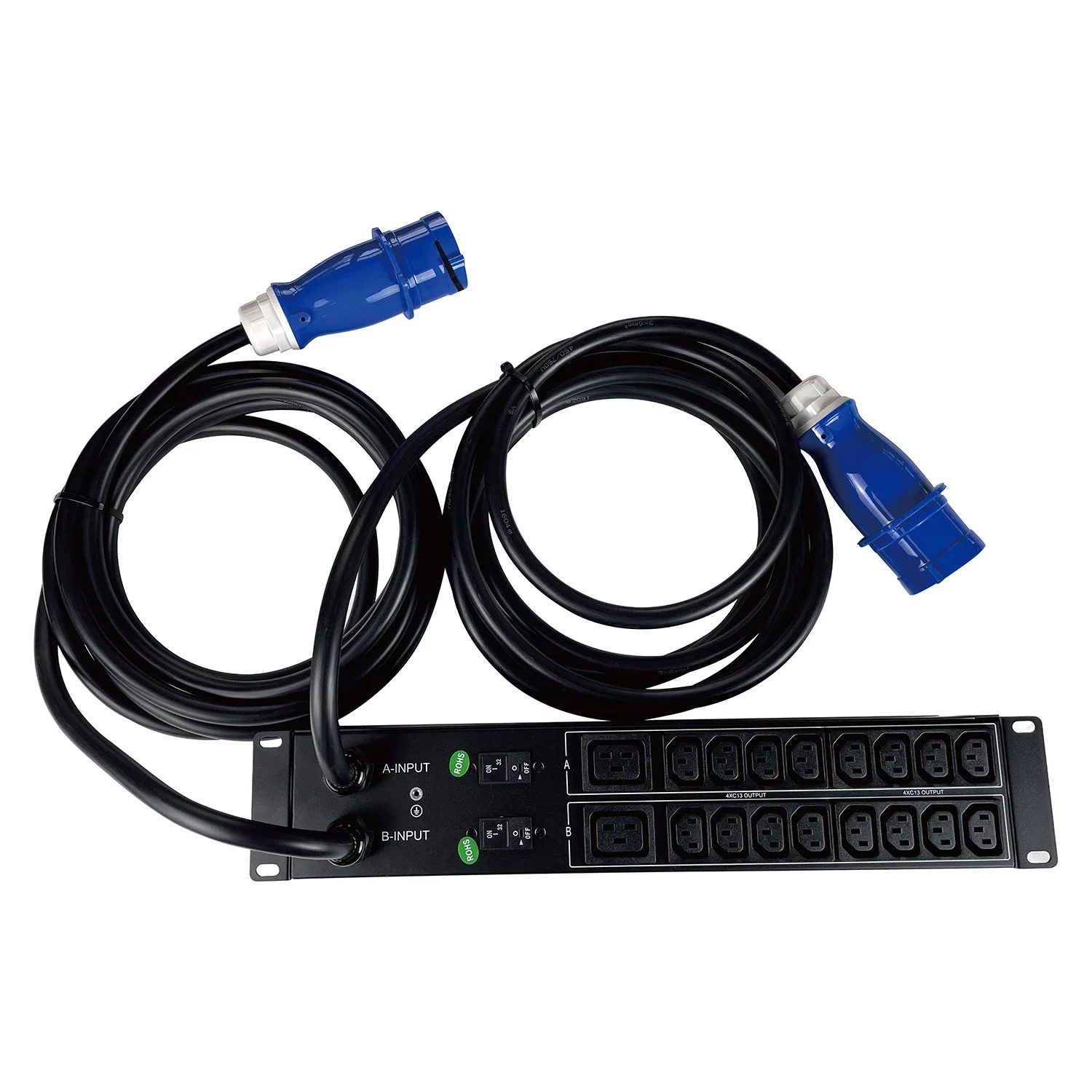 2U 240V 30A PDU with 16-Way C13+2-Way C19 Sockets and 2P Air Breakers A/B Dual Input Power Distribution Unit Made of Aluminum