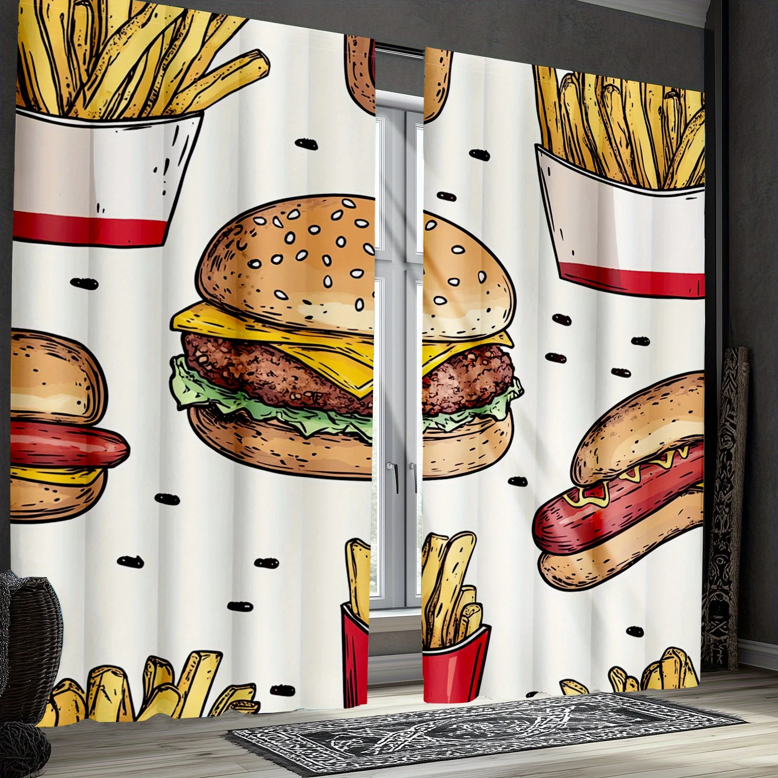 2pc funny fast food window curtain with burger fries and hot dog for kitchen or kids room decor playful style easy to care for