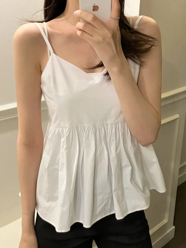 French Style Loose Fit Sleeveless Women's Top with Puffy Skirt Design V-Neck Mid-Length T-Shirt for Summer Season