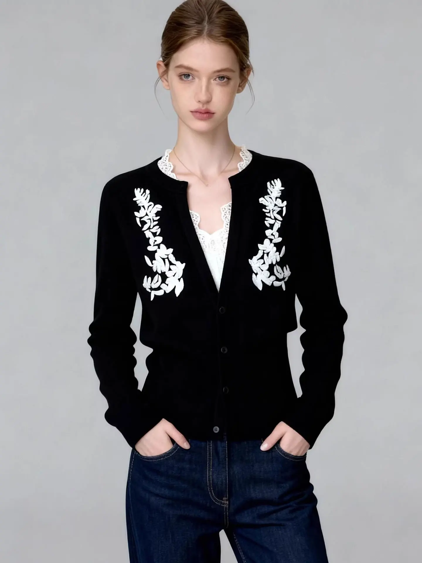 

Ele V-Ne Long Sve Knitted Sweater Women's High-End Lace Patchwork Spring Faion Sensation Single Button Cardigan