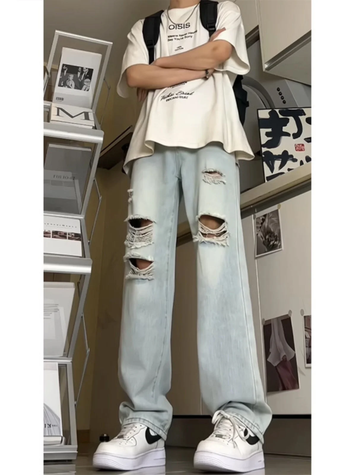 

American Retro Men's Straight Leg Jeans Hole Punching Cool Brand Street Vibe Long Pants Youth Summer Wear Resistant