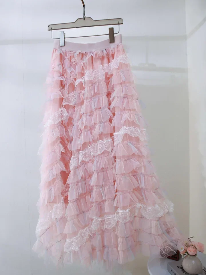 New Tie-dye Print Mesh Gradient Cake Skirt For Women 2026 Spring Summer Casual A-line Puffy Long Skirts