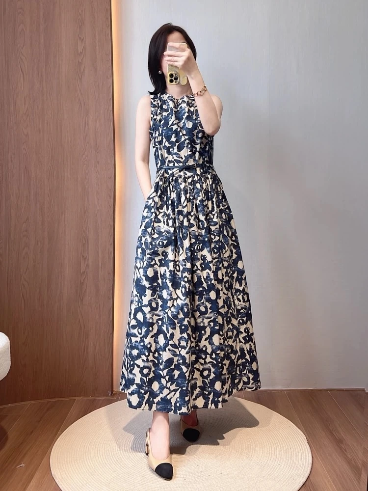 

Italian Elegant Hepburn Style Floral Print Cotton Gauze Waist Belt Slimming round Neck Sleeveless Dress Fashionable Spring Su...