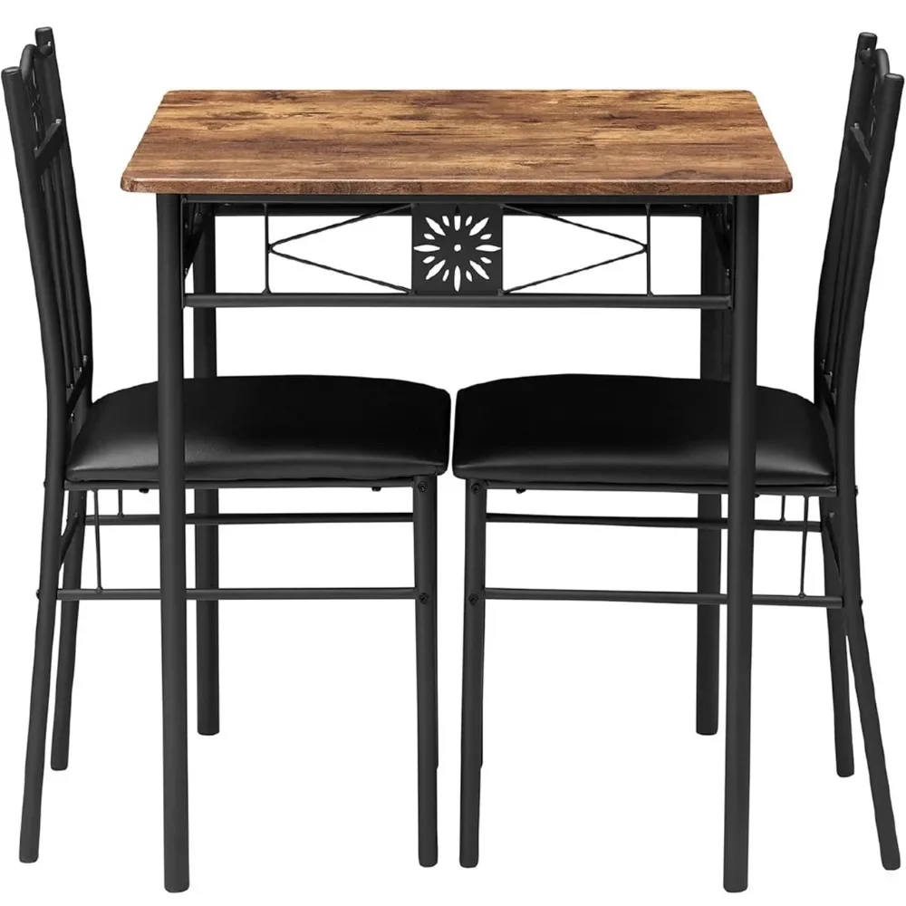 Small Dining Table Set for 2, 3 Piece Kitchen Bar Dinette Square, with PU Padded Chairs, Retro-Brown