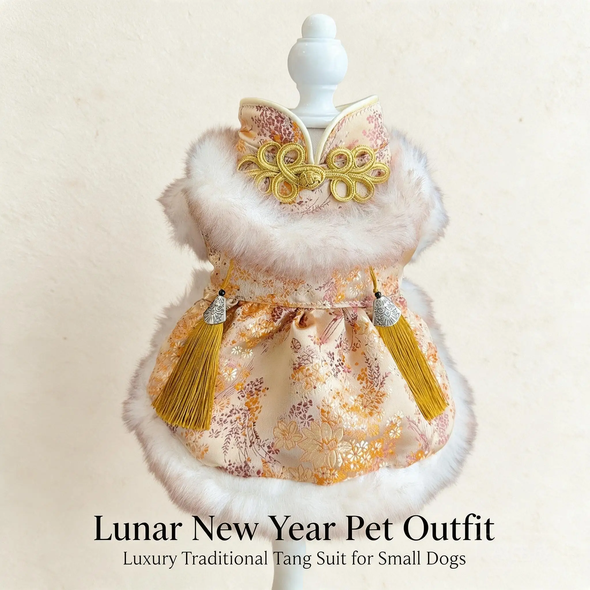 Chinese New Year Winter Festive Pet Tang Suit Warm Fleece Lined Princess Dress Fluffy Fur Trim Tassel For Small Dogs Cats Bichon
