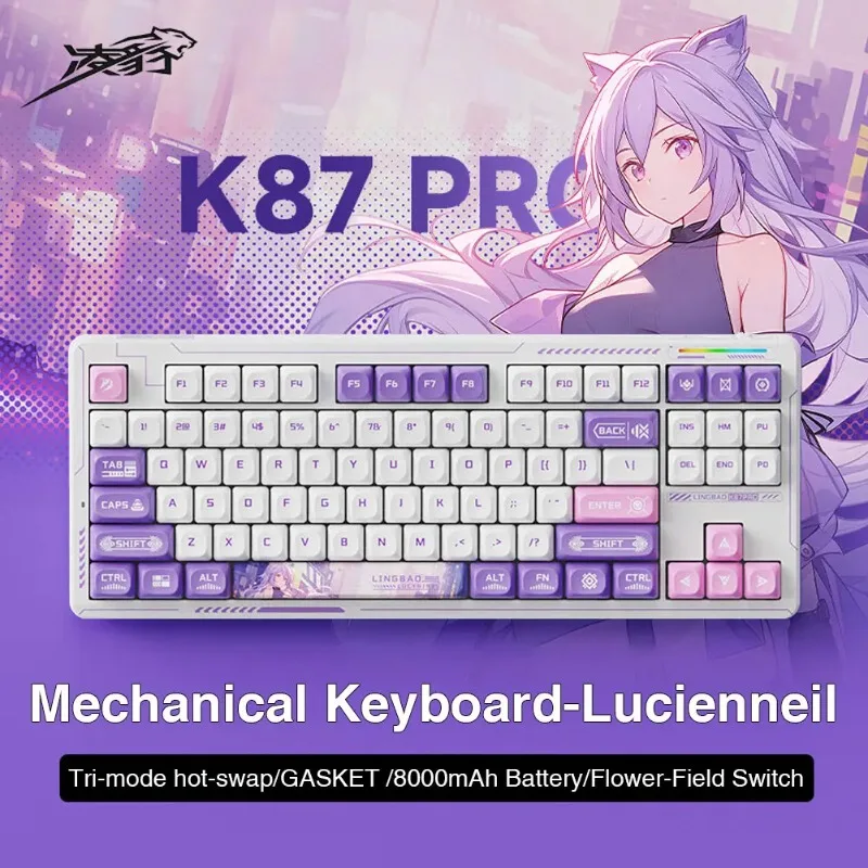 LINGBAO K87 Mechanical Keyboard Hot Swap Gaming Keyboard Wireless Three Mode RGB Backlit GASKET Structure Cute Anime Keycap