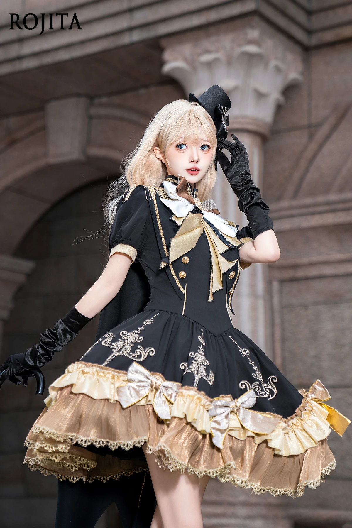 

Original Lolita OP Short Sleeve Dress for Women Summer Stand Collar Bow Decoration Double Breasted High Waist Black A-line Dress