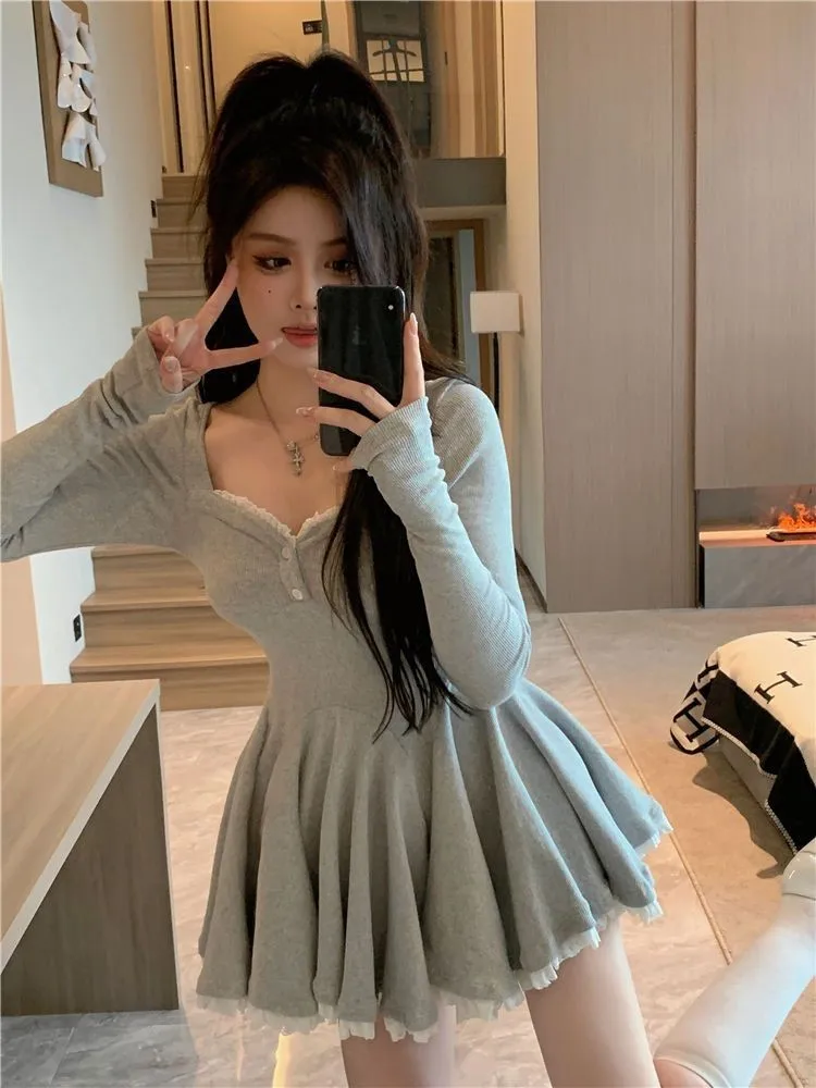 Korean Fashion Autumn Short Dresses for Women Square Collar Long Sleeve Slim Lace Ruffles A-line Party Dress Sexy Vestidos New