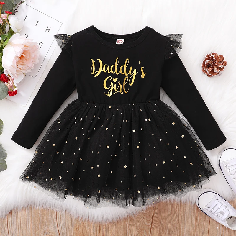 Baby Girl Dress 3-24 Months Toddler Clothing Letter Print Long Sleeve Mesh Dress Newborn Baby Girl Outfit Princess Dress