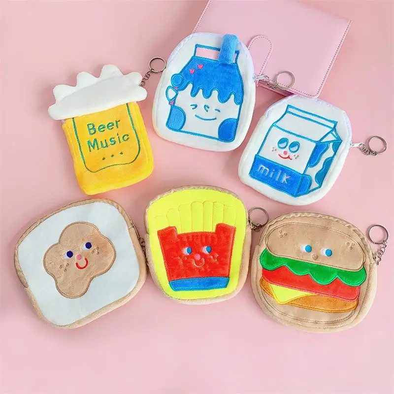 Children's Coin Purse Cartoon Creative Women Wallet Coin Storage Bag Plush Headphone Bag Hamburger Zip Key Holder Headphone Bag