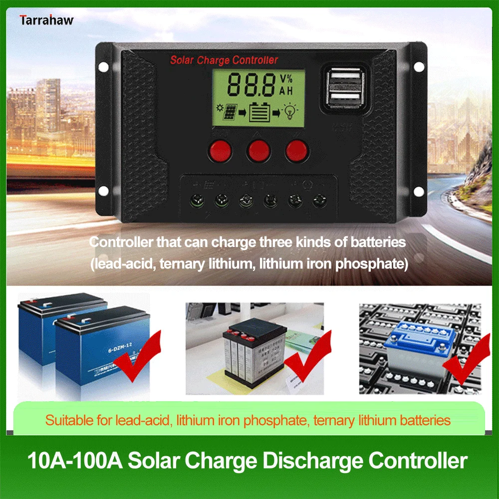 10A-100A Solar Controller Adaptive 12V/24V Lithium Battery/Lead-Acid Battery Charge Discharge PWM USB PV Panel Controller