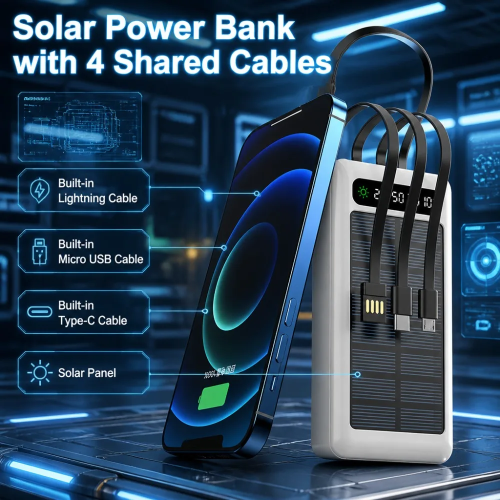 20000-50000mAh Solar-powered Power Bank for IPhone Huawei and Samsung Mobile Phones Power Bank with Four Built-in Cables