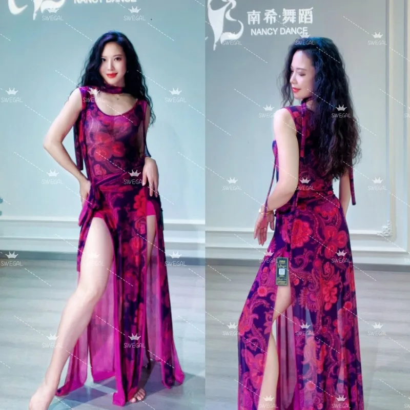 

Набор из 4 предметов по индивидуальному заказу, костюмы для танца живота, платье для восточного танца, сетчатый халат с пурпурным принтом