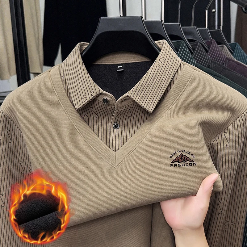 

2025 Autumn/Winter New Men's Plush Fake Two piece Polo Shirt Versatile Collar Bottom Shirt Warm Top