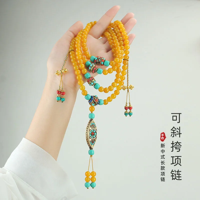 

Same Style New Chinese Long Version round Beads Agate National Style Crossbody Chain Back Necklace All-Match Ethnic Style Orname