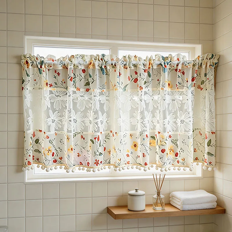 1pcForest Inspired Spliced Cafe Short Curtain, Red‑Blue Floral Glitter Sequin Mesh Appliqué, Cream Pom‑pom Tassel for Home Decor
