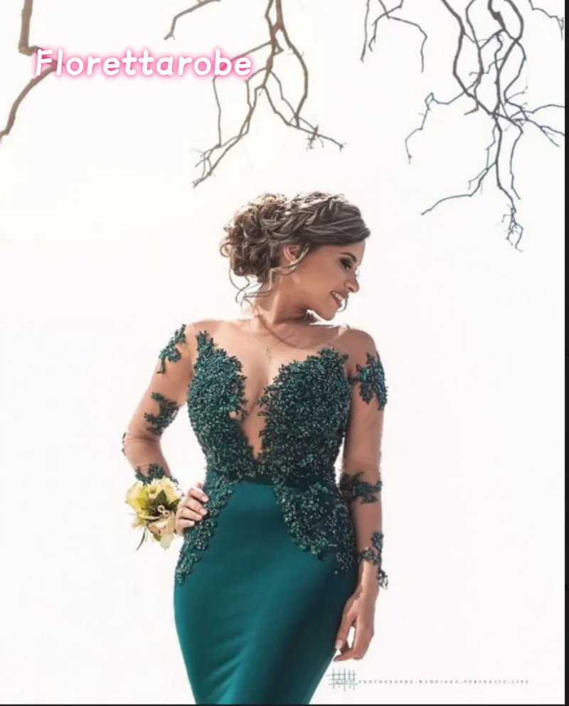 Robe de soirée de forme sirène, personnalisée, élégante, manches longues, avec des Appliques en dentelle, col transparent, en Satin, avec traîne, robe de bal