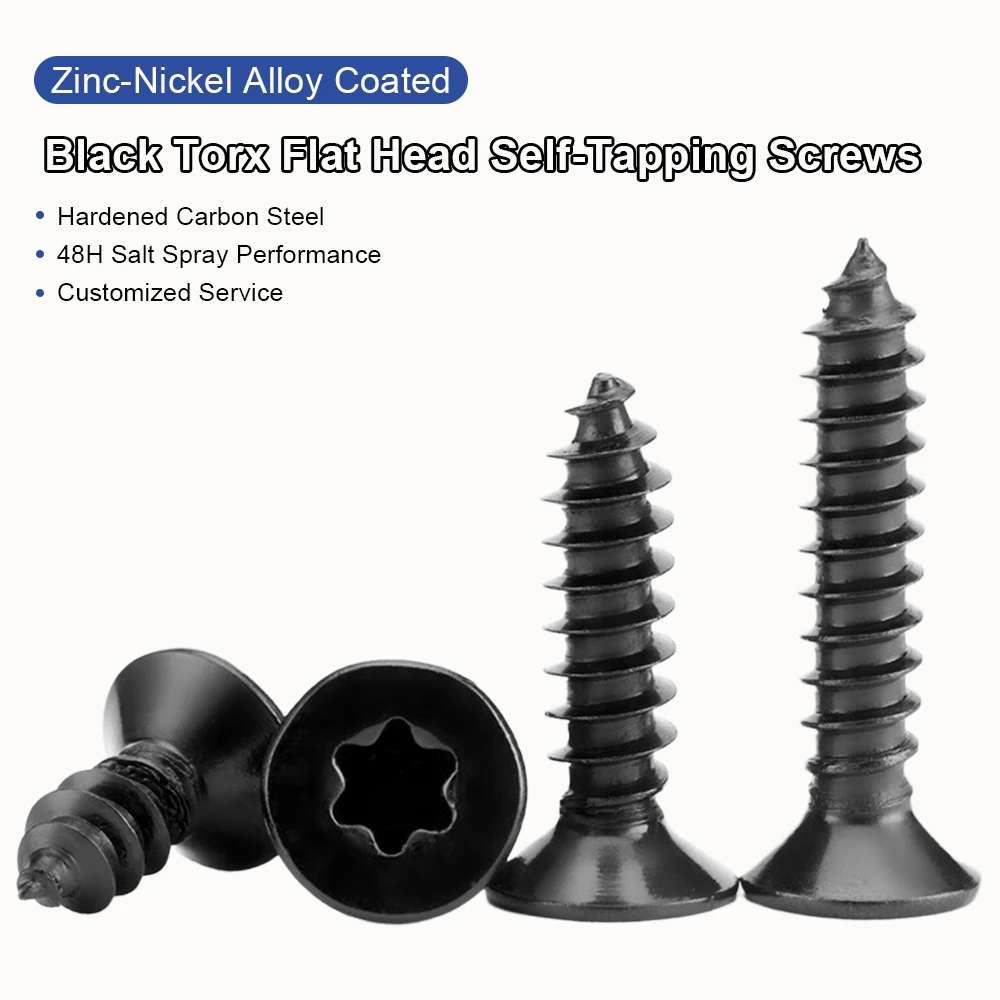 NINDEJIN Black Torx Flat Head Self Tapping Screw Black Zinc-Nickel Alloy Coating Hardened M2 M2.3 M2.6 M3 M3.5 Star Drive Screw