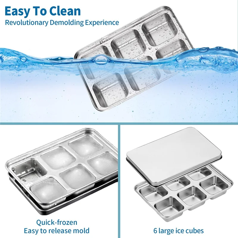

A23P 2Pack Ice Cube Tray,6 Slots Stainless Steel Ice Cube Trays,Cube Molds & Trays,For Bars Kitchens Cocktail Freezer Whiskey