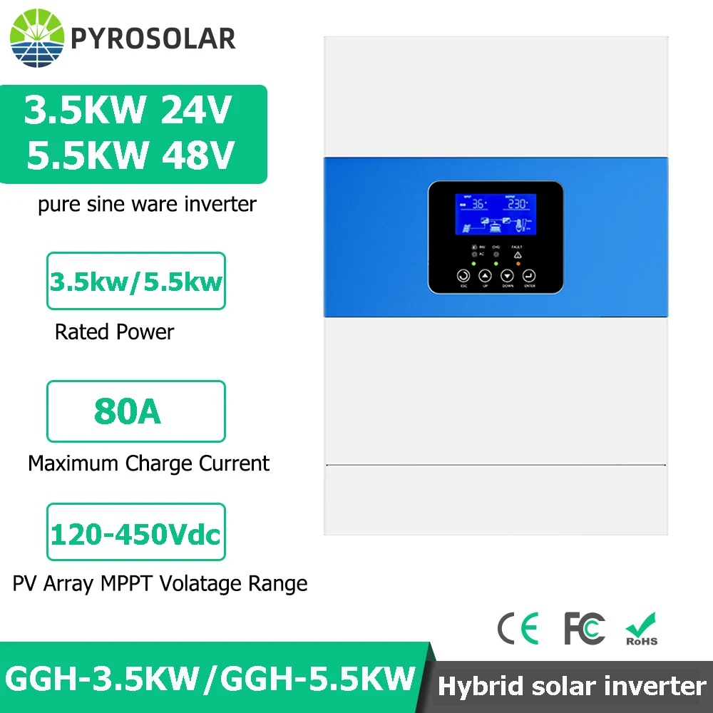 PYROSOLAR 3.5KW 5.5KW Hybird Solar Inverter 24V 48V 230Vac Pure Sine Wave Inverter MPPT 100A Solar Charge Controller Inverser