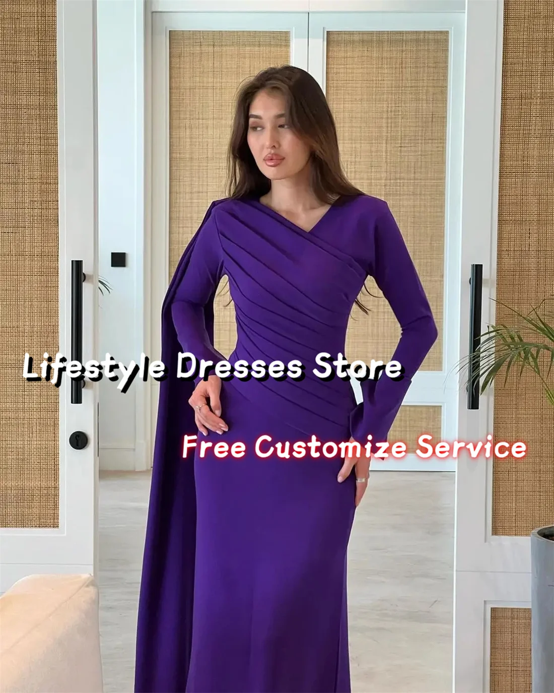 Customized Mermaid Long Sleeves Purple Prom Dresses Floor Length Women Pleated Evening Dresses vestidos de fiesta elegantes 2024