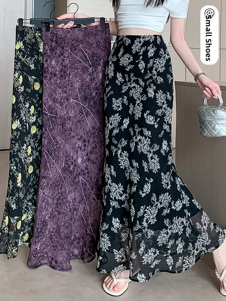 Retro Floral Fi Tail Skirt Women's Summer Thin Gentle Hip Covering Slim A-Line High Waist Slim Fit Long Skirt