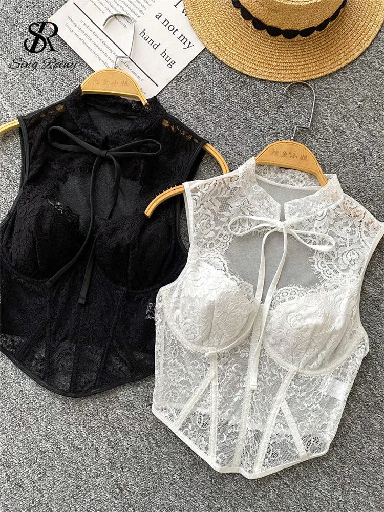 

SINGREINY France Retro Lace Corset Slim Hollow Out Bow Mini Tops Women Solid Sexy Sheer Fashion Summer Clubwear Sleeveless Camis