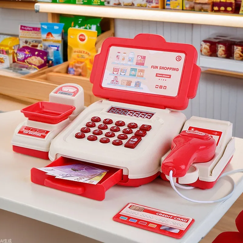 1set Interactive Kids Cash Register Machine Toy with Working Scanner Shopping Cart Play Money Set Play Gift for Children
