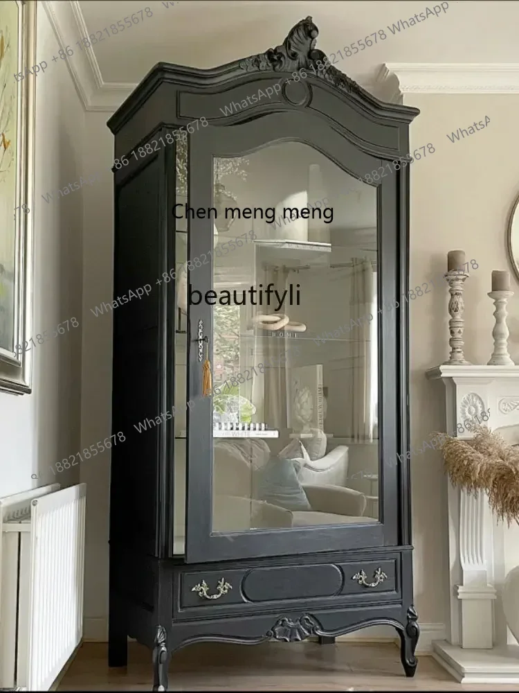 

D178 Y yj American-Style Solid Wood Vintage Art Sideboard Wine Cabinet Nordic Minimalist Black Glass Curio Cabinet