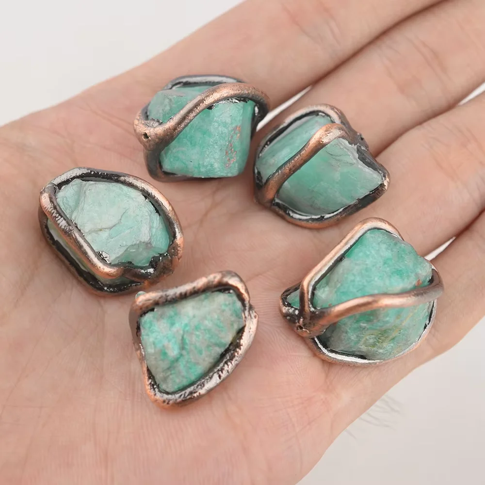5Pcs 24x20mm Natural Green Amazonite Gold Plated Nugget Gems Freedom Beads For Pearl Necklace Pendant Jewelry DIY