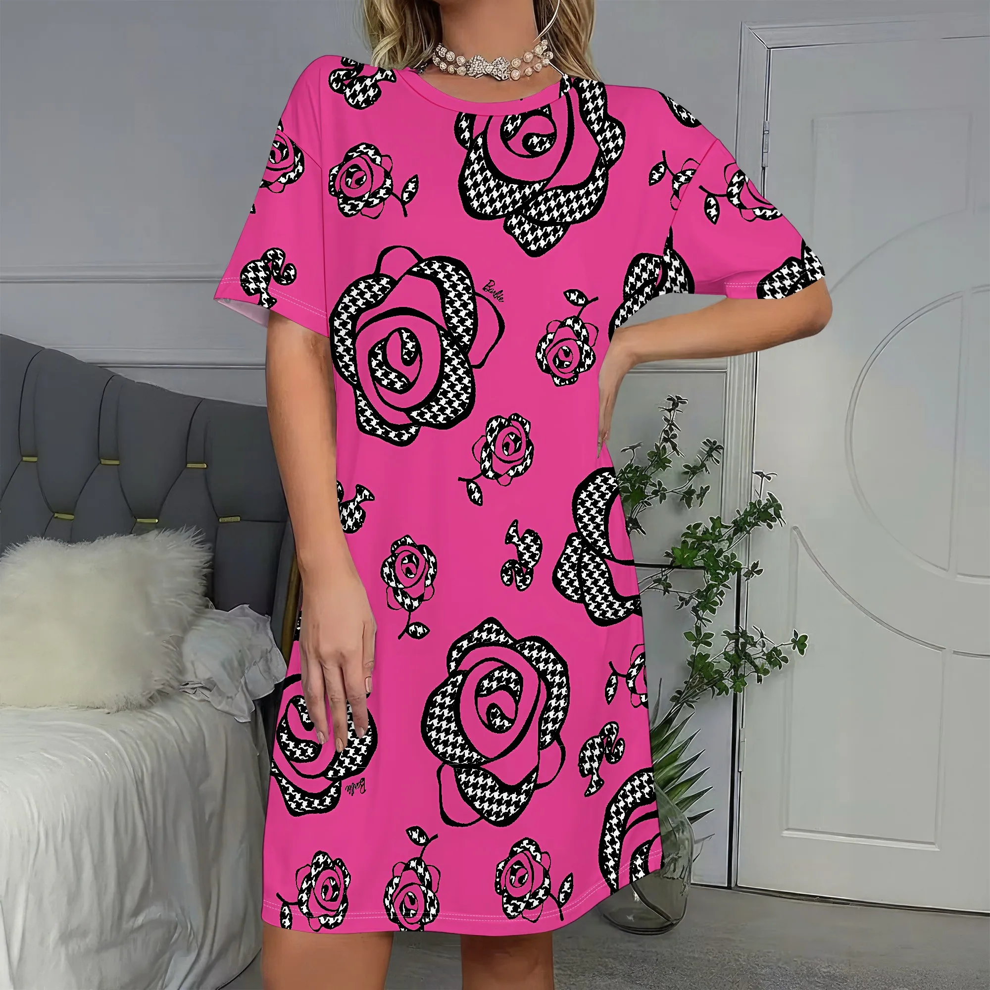 

Bold Rose Print, Short Sleeve Dress, Houndstooth Pattern, Pink Floral Tunic, Casual Summer Wear, Trendy A-Line Fit, S-2XL