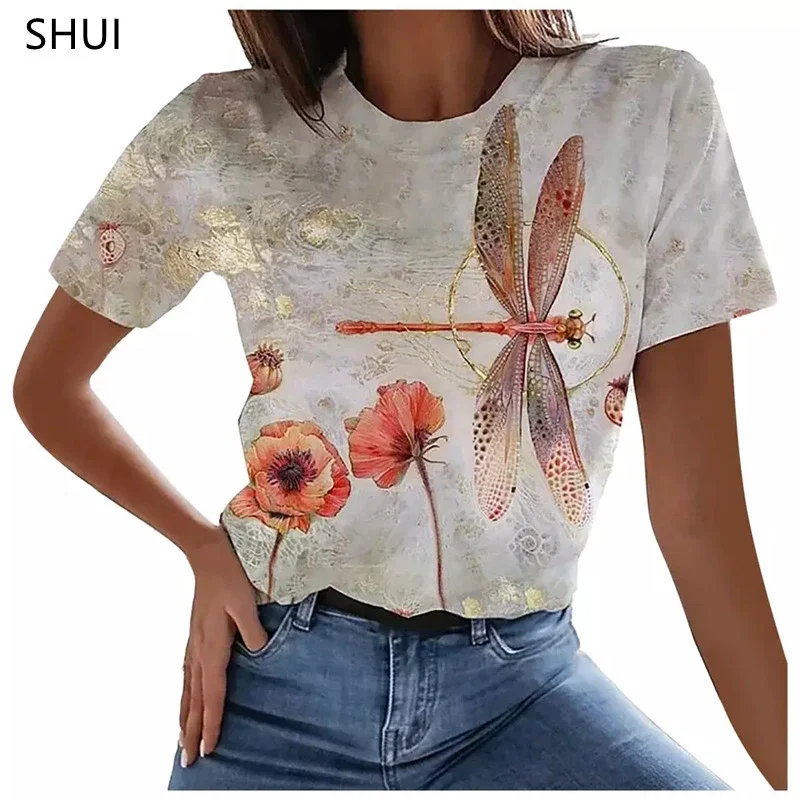 Fashion Artistic Flower Pattern T-shirt Women Summer Leisure Y2k Graphic Tee Female Casual Elegant Short-sleeved O-neck Tee Tops