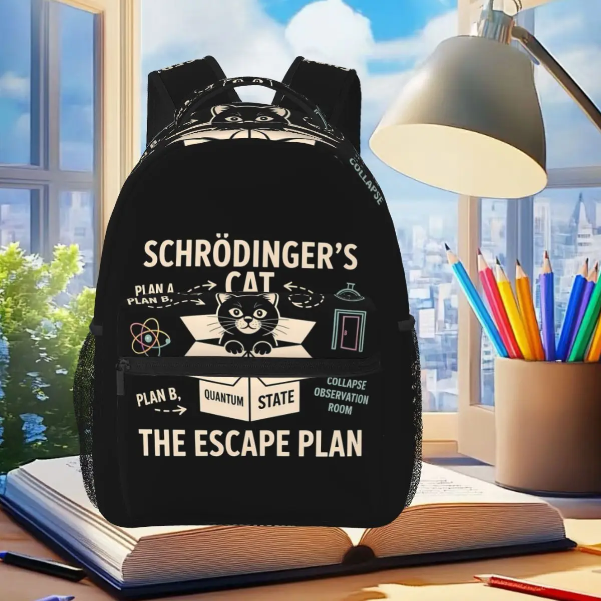 Schrodinger Cat The Escape Plan Physics Quantum Mechanics Backpack Student Boys Girl BookBag School Bag Shoulder Bags For Unisex