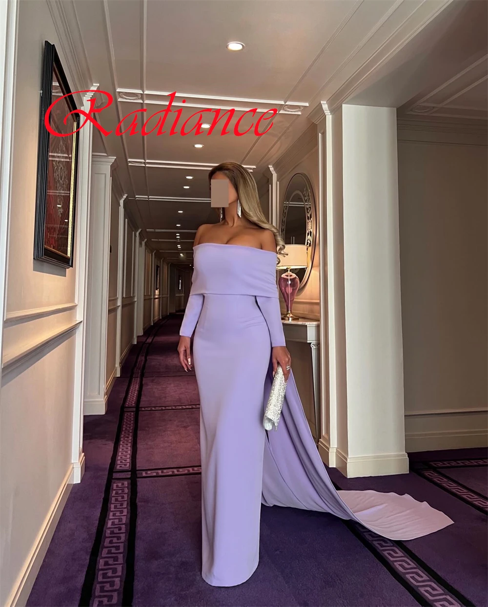 

Customized Classic Light Purple Jersey Evening Dress Temperament Strapless Off the Shoulder Long Sleeves Zipper Back Party Dress