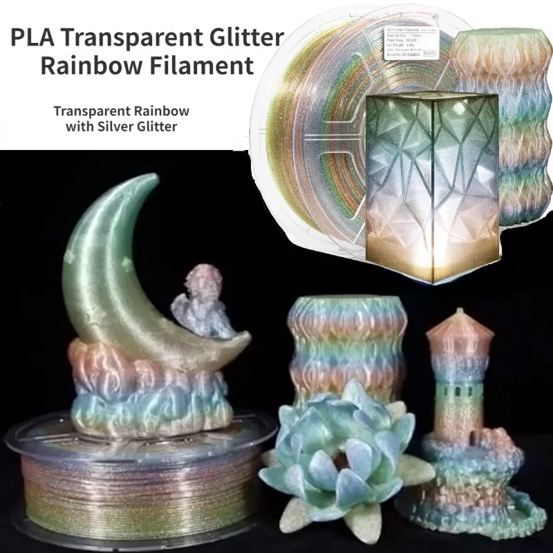 Glitter Rainbow PLA Filament 1.75mm,Transparent Rainbow Filament with Silver Glitter,Transparent Multicolor Filament,1KG/Spool